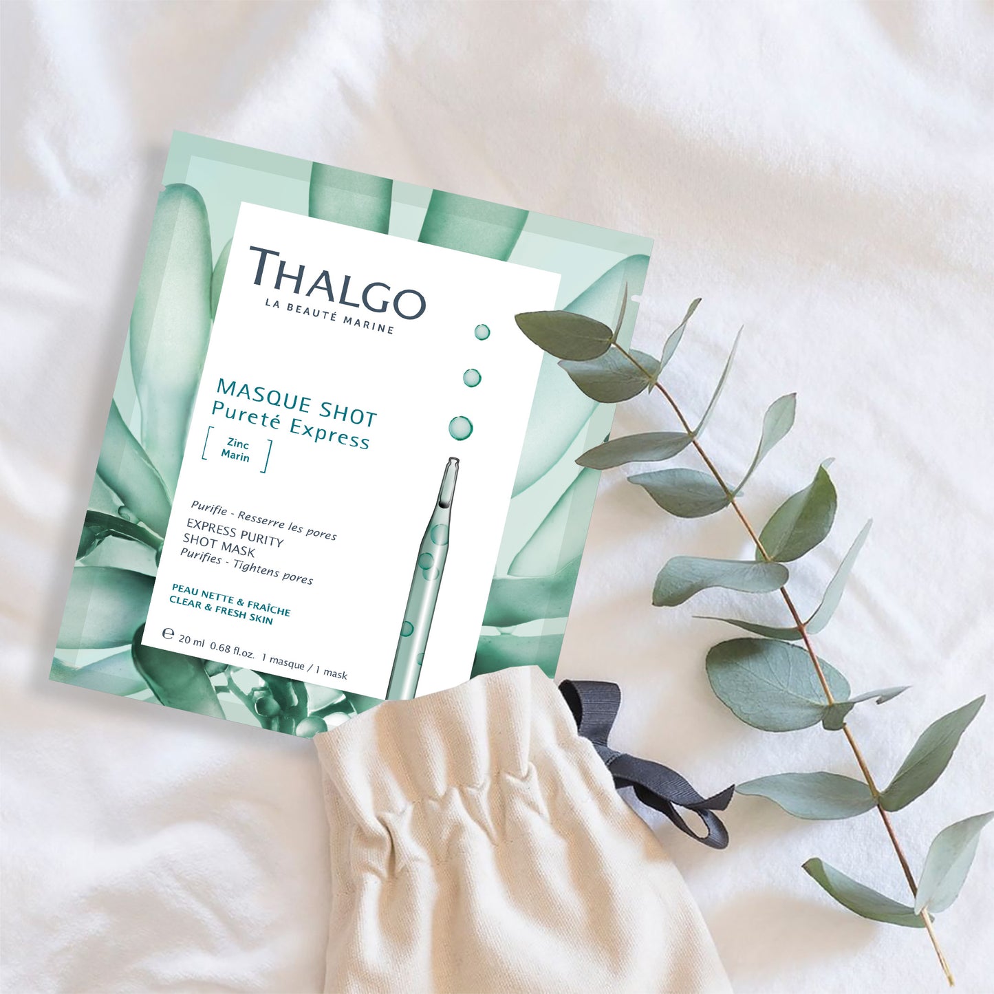 thalgo express purity shot mask - purifying marine zinc and algae powder sheet mask for oily and combination skin - 20ml