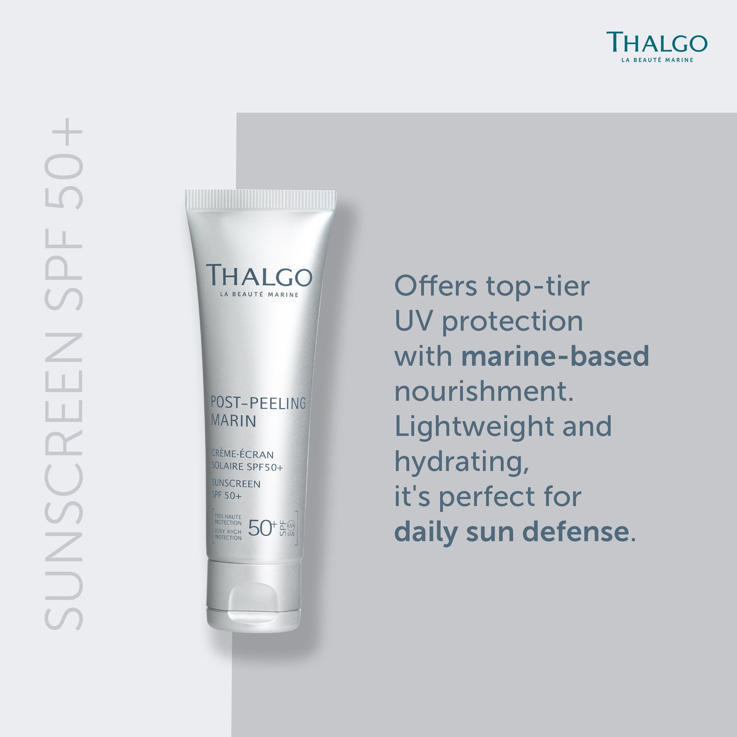 thalgo sunscreen spf 50+ - optimal uva/uvb protection with marine uv filter and red microalga extract for matte skin - 50ml