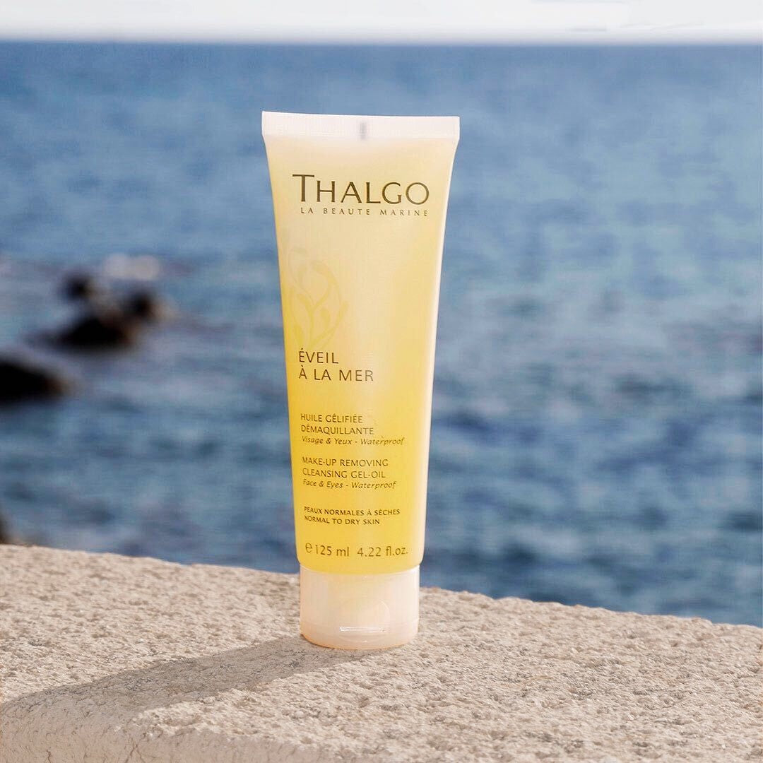 thalgo cleansing gel oil - luxurious 3-in-1 face wash with plant oil trio - removes waterproof makeup & impurities - 125ml
