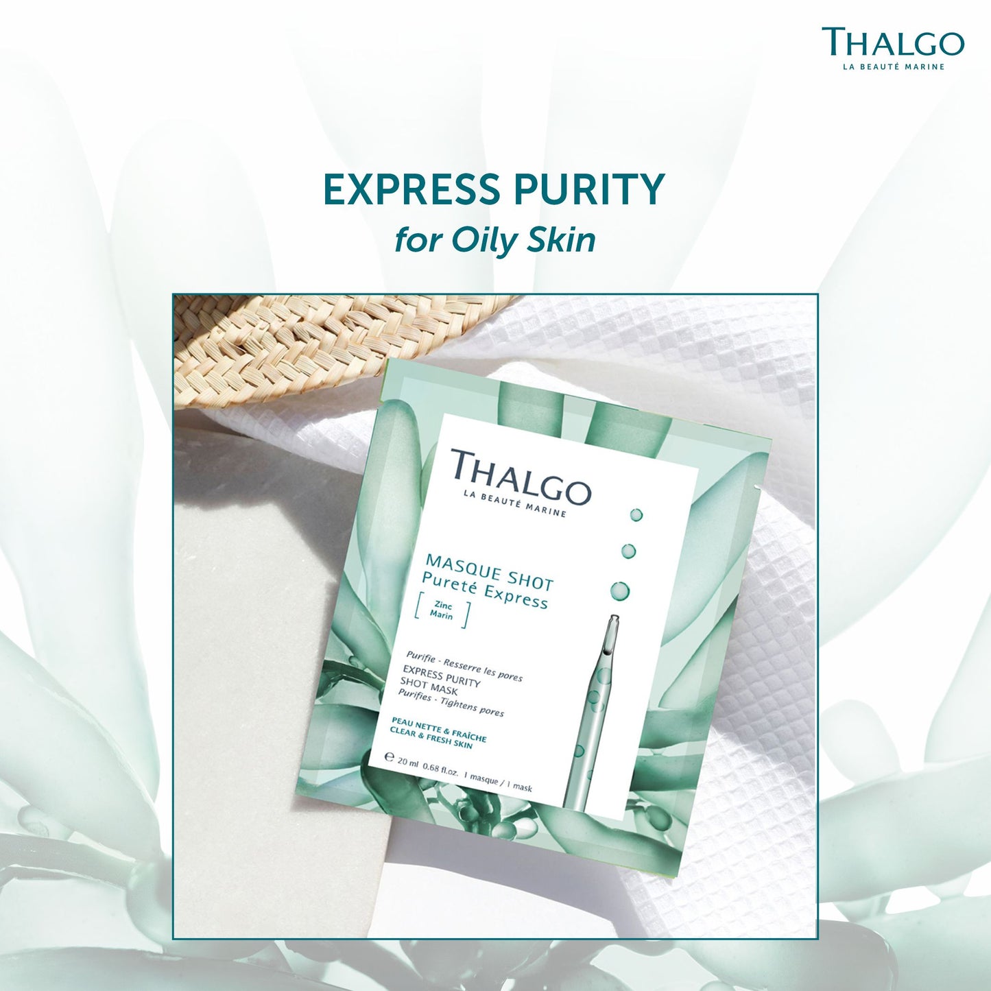 thalgo express purity shot mask - purifying marine zinc and algae powder sheet mask for oily and combination skin - 20ml