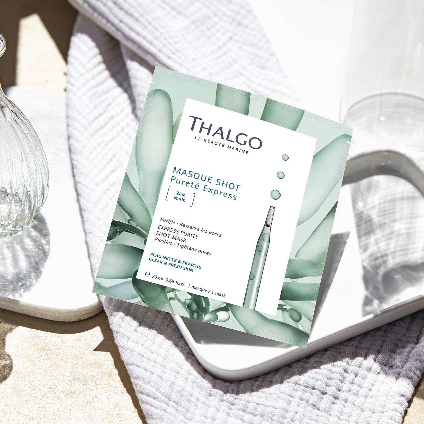 thalgo express purity shot mask - purifying marine zinc and algae powder sheet mask for oily and combination skin - 20ml