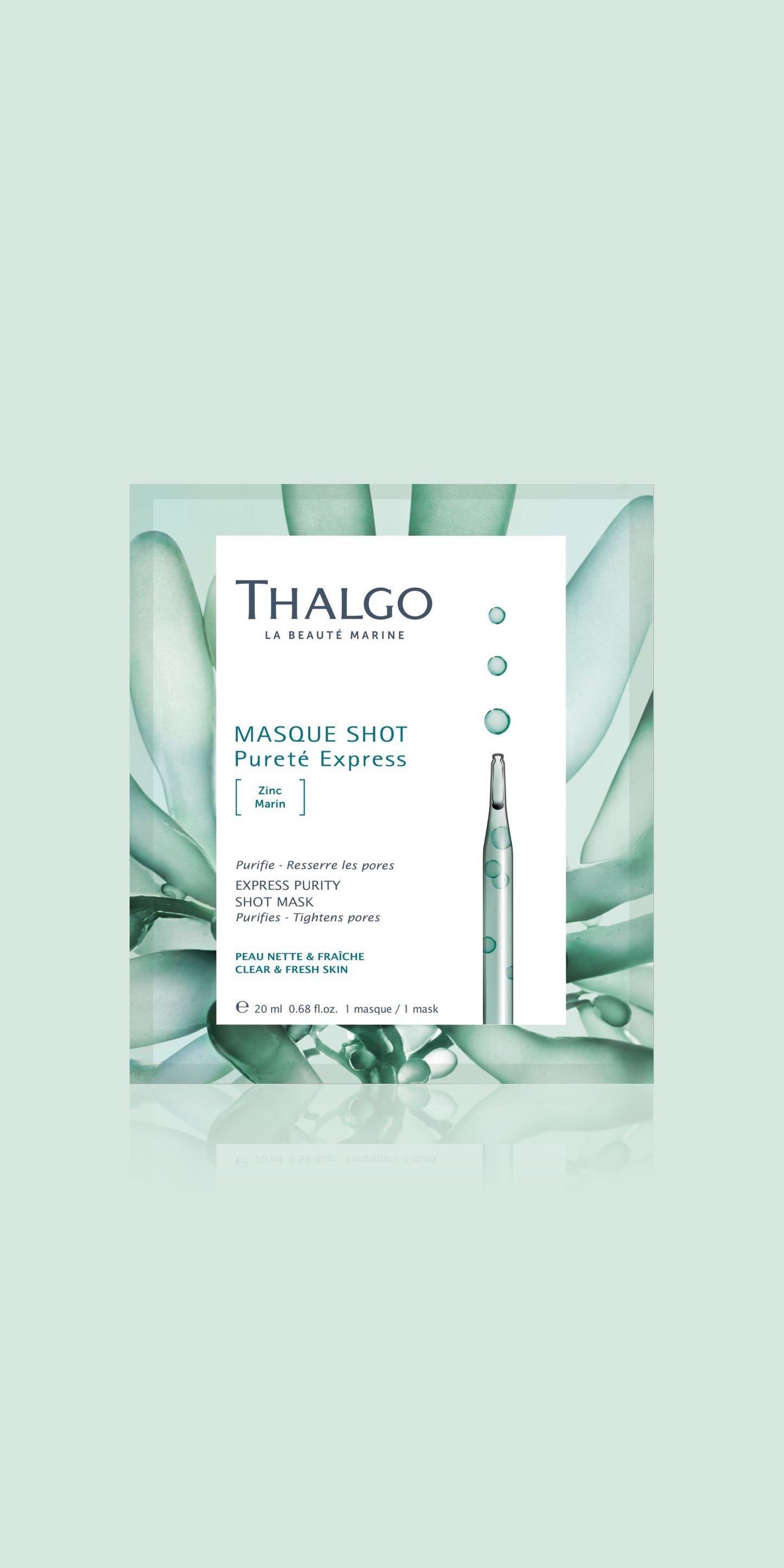 thalgo express purity shot mask - purifying marine zinc and algae powder sheet mask for oily and combination skin - 20ml