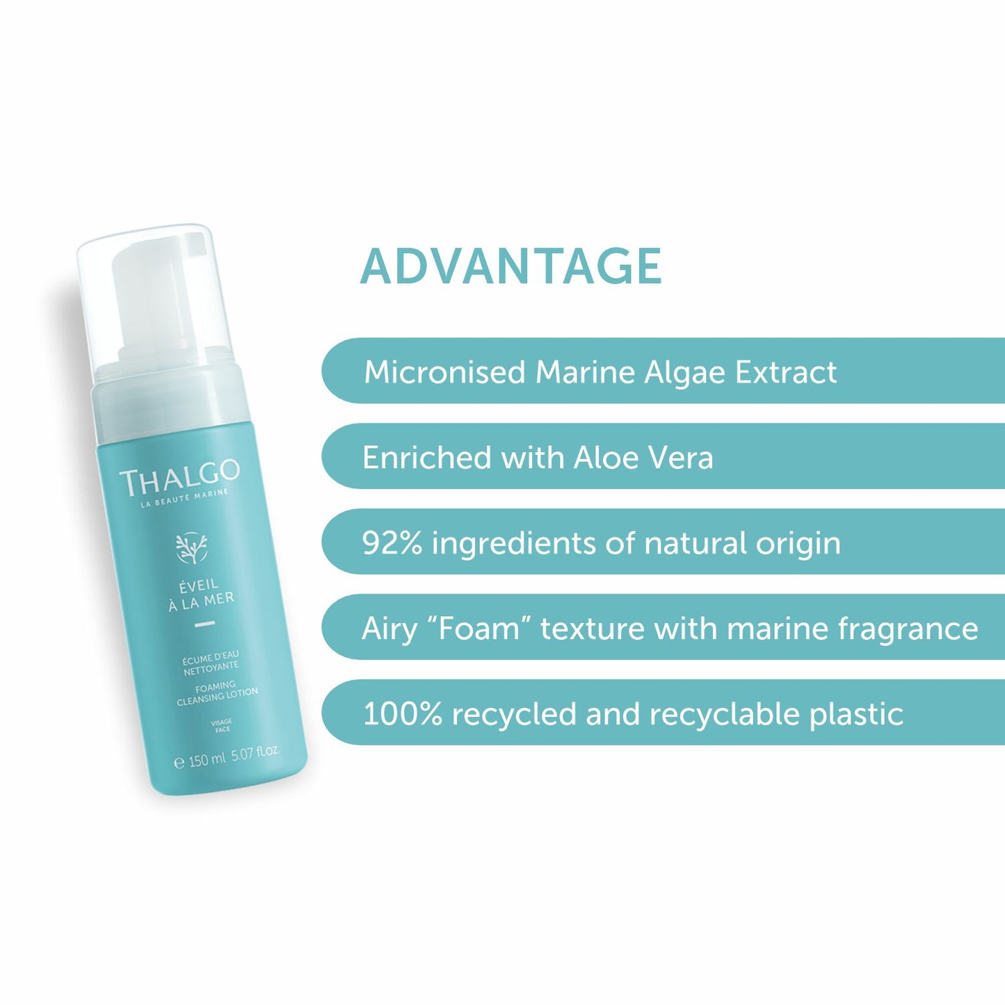 thalgo foaming cleansing lotion - gentle face wash with marine algae & aloe vera for soft, hydrated skin - 150ml